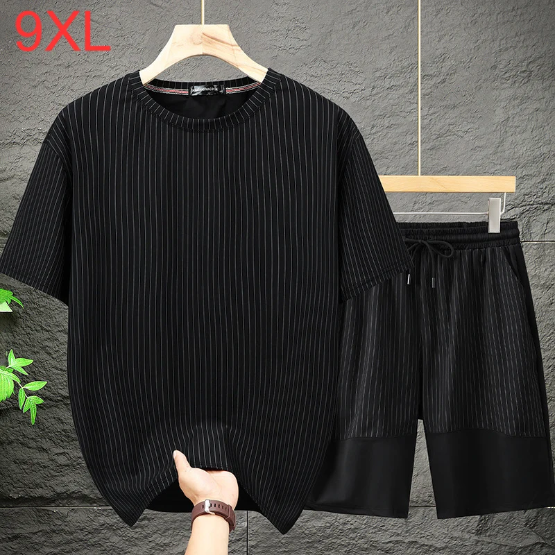 Summer Striped Suits Men Plus Size 9XL Summer Cool T-shirts Shorts Sets Fashion Casual Suits Male Clothes Big Size 8XL