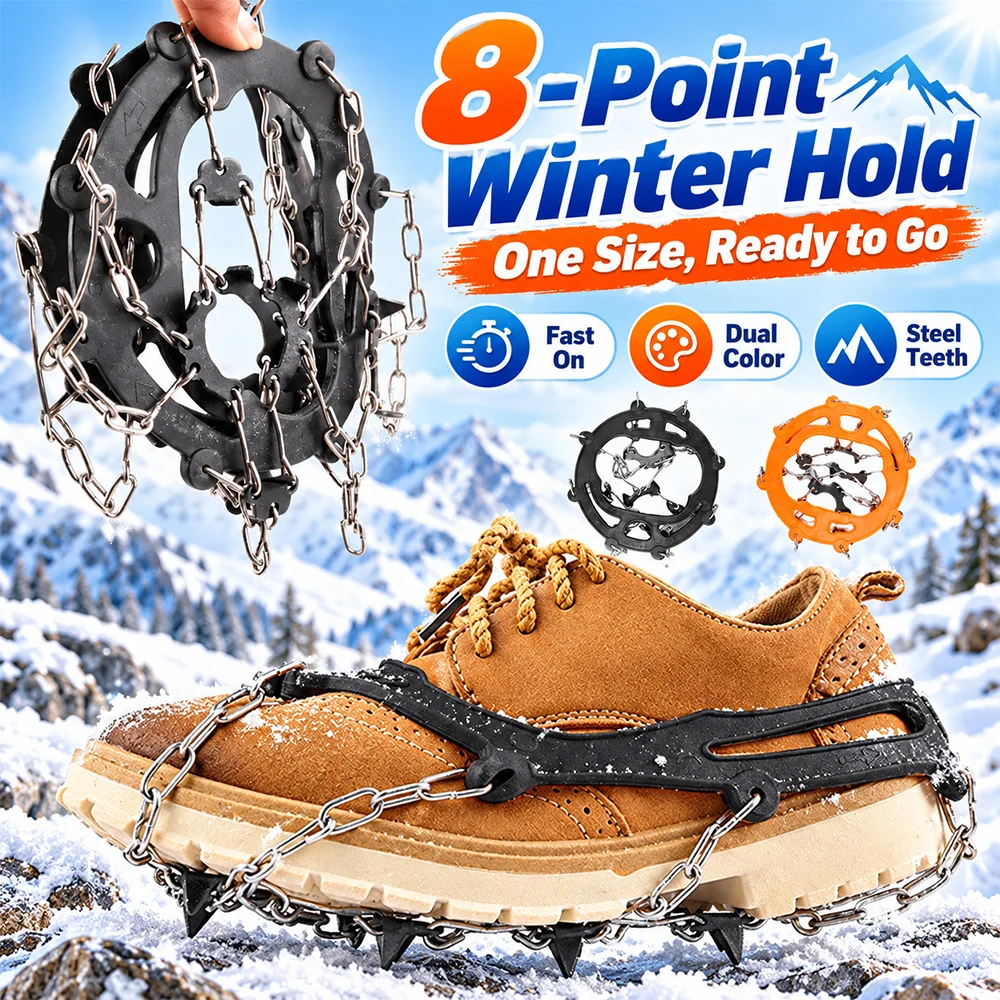 Outdoor Ice Gripper Crampons 8 Teeth Snow Spikes Anti Slip Shoe Covers Winter Hiking Climbing Walking Fishing Equipment