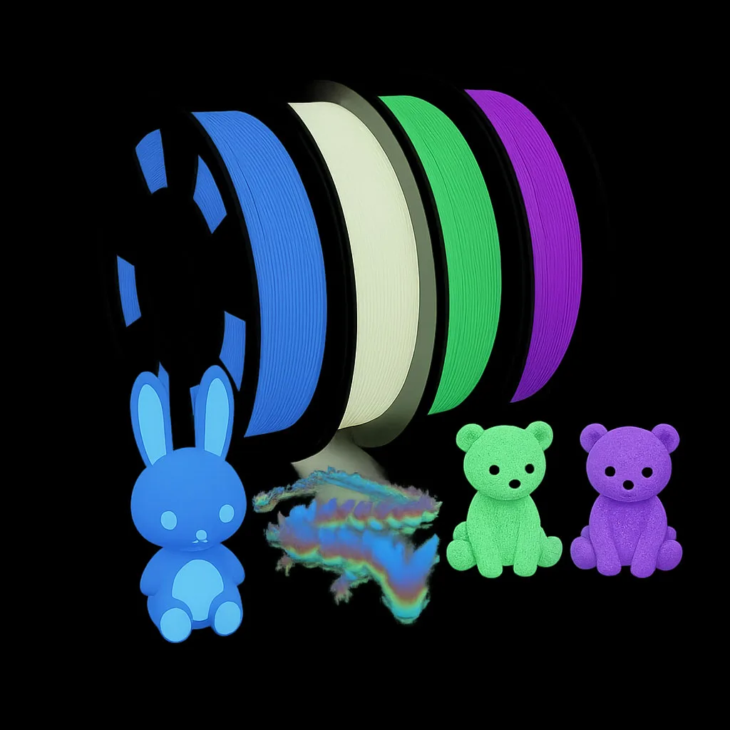 

Набор филаментов для 3D-принтера, светящиеся в темноте, разноцветные PLA 1.75 мм - зеленый, синий, фиолетовый, радужный, 4 штуки, 250 г