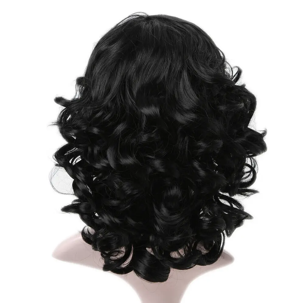 Peruca de cabelo sintético encaracolado preto curto para mulheres big bangs, peruca de festa diária