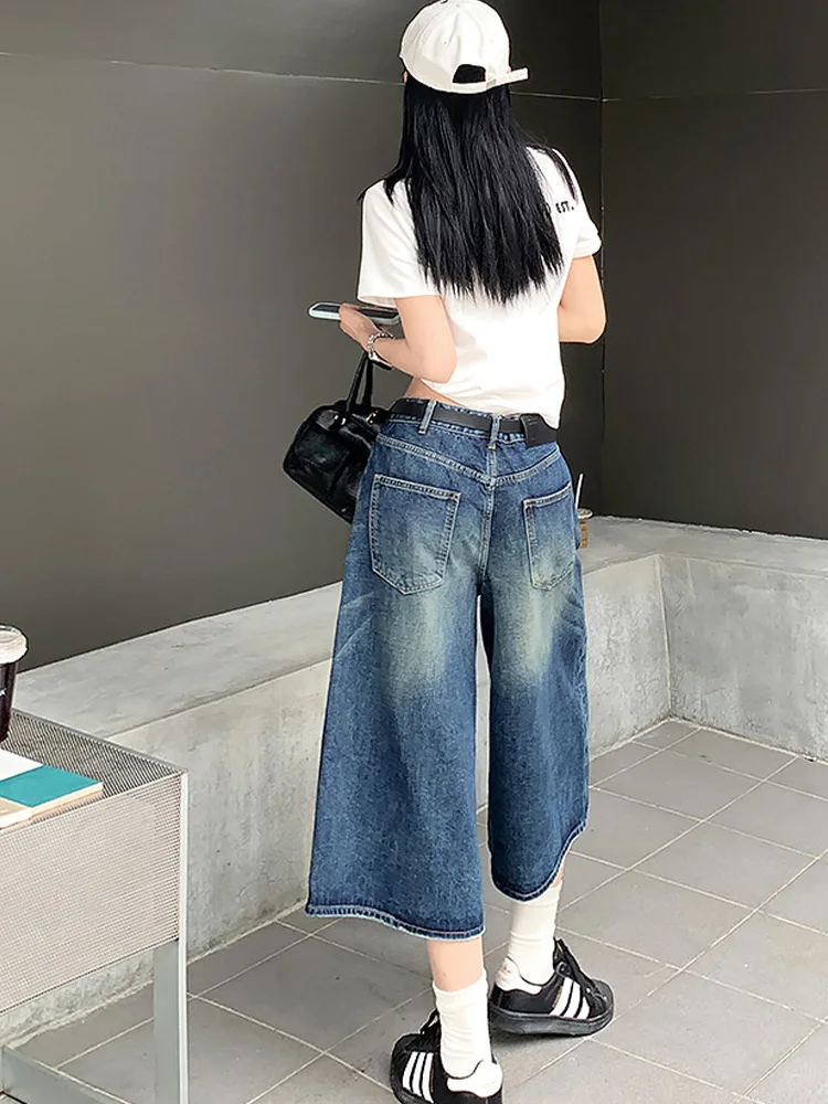 Retro, luźne spodnie jeansowe damskie z wysokim stanem i szerokimi nogawkami, jesienno-zimowe, nowe, z efektem sprania, modne.