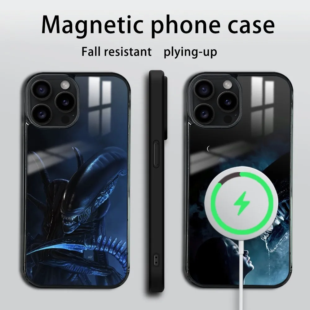 Movie Alien X-Xenomorph Phone Case For iPhone 16 15 14 13 12 11 PRO MAX PLUS Mini Magnetic wireless mirror phone case