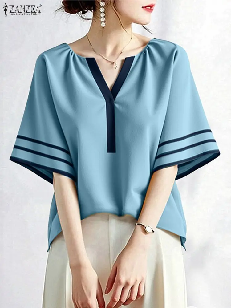 ZANZEA Modna Bluzka Damska Casualowa w Paski z Falbankami i Wstawkami, Koszula Jesienna 2025 z Rękawem 3/4, Dekolt w Serek, Luźna Bluzka Tunika do Pracy
