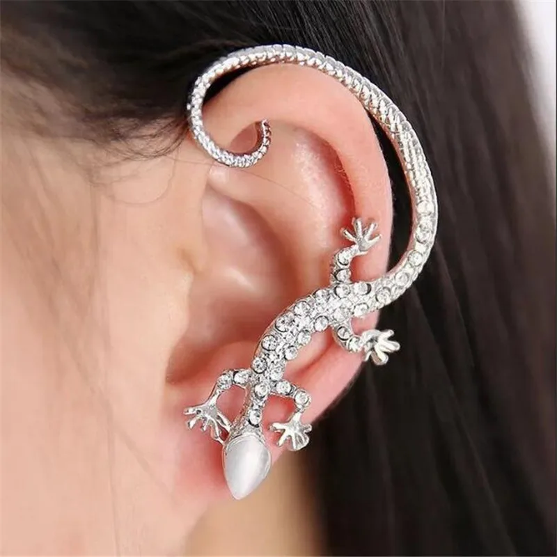 New Fashion Rhinestone Ear Cuff Earring luxury Rose Gold Color Exaggerated Gecko Lizards Earrings Elegant Metal Cat Ear Clip