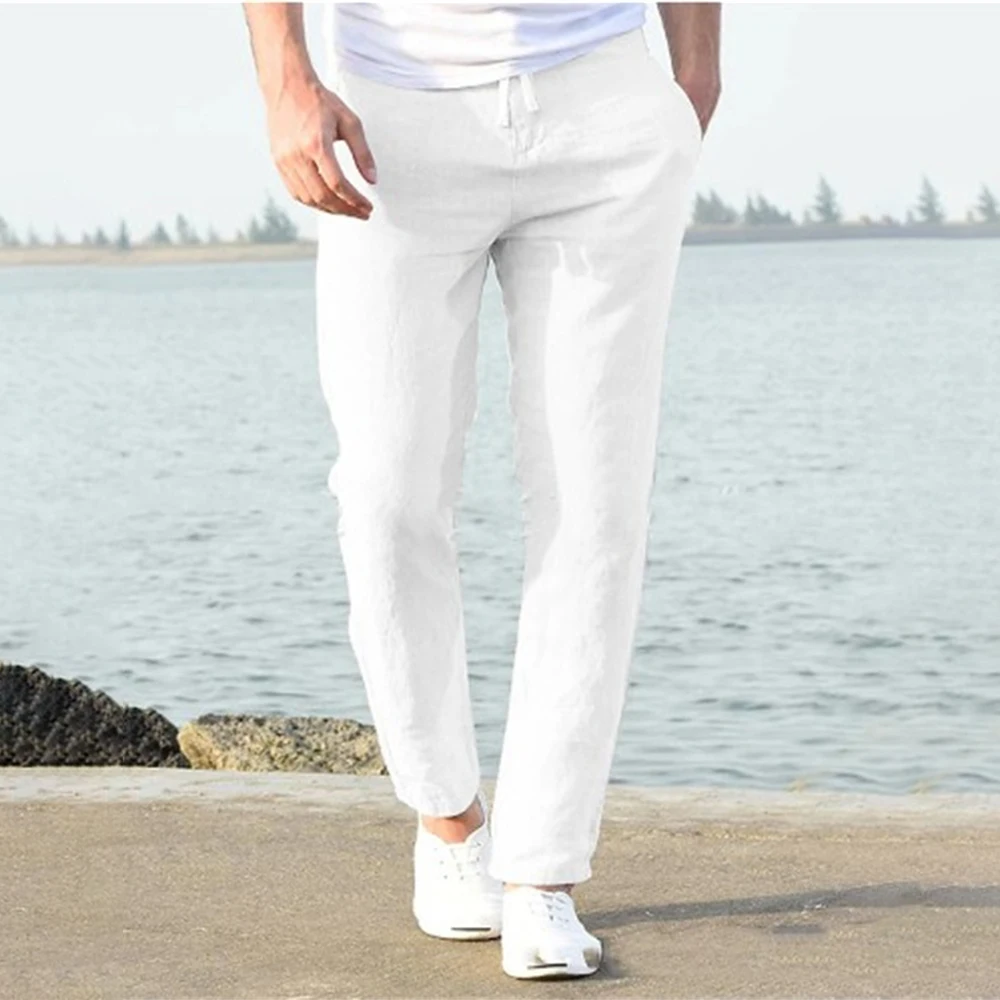 2024 Men\'s Summer Cotton Linen Retro Sports Pants Men\'s Casual Solid Color Harem Pants Fashion Versatile Straight Leg Trousers