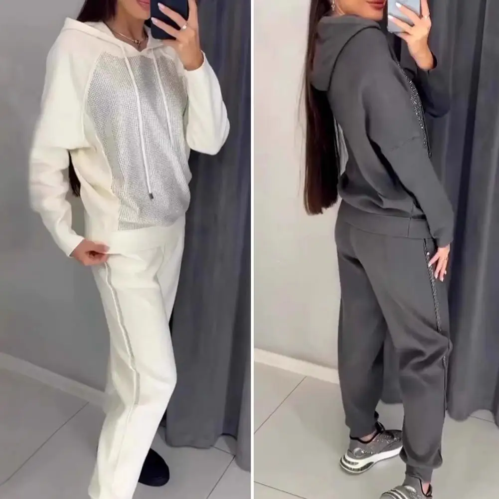 2 Pcs/Set Women Hoodie Pants Suit Rhinestone Decor Long Sleeves Patchwork Sport Sweatshirt Elastic Waist Trousers Fitness Outfit