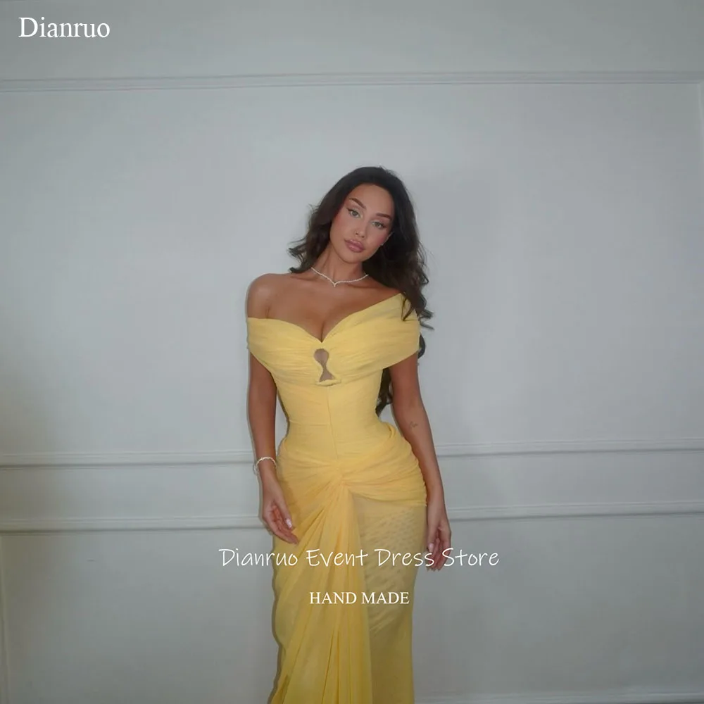 

Dianruo Yellow Front Cutout Evening Dresses Ruched Maxi Length Party Gowns Chiffon Off Shoulder Vestidos Formales Customized