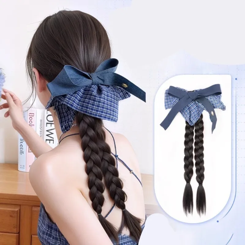

Synthetic Ponytails Fashion Retro Double Braid Clip-in Wig Blue Plaid Bow Temperament Low Ponytail Hair Extension