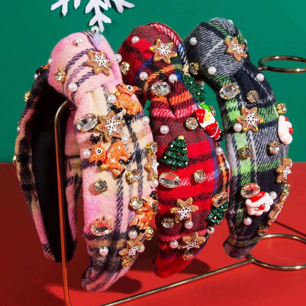

Classic Grid Fabric Christmas Headband Christmas Snowflake Elk Accessories Headband Hot Sale