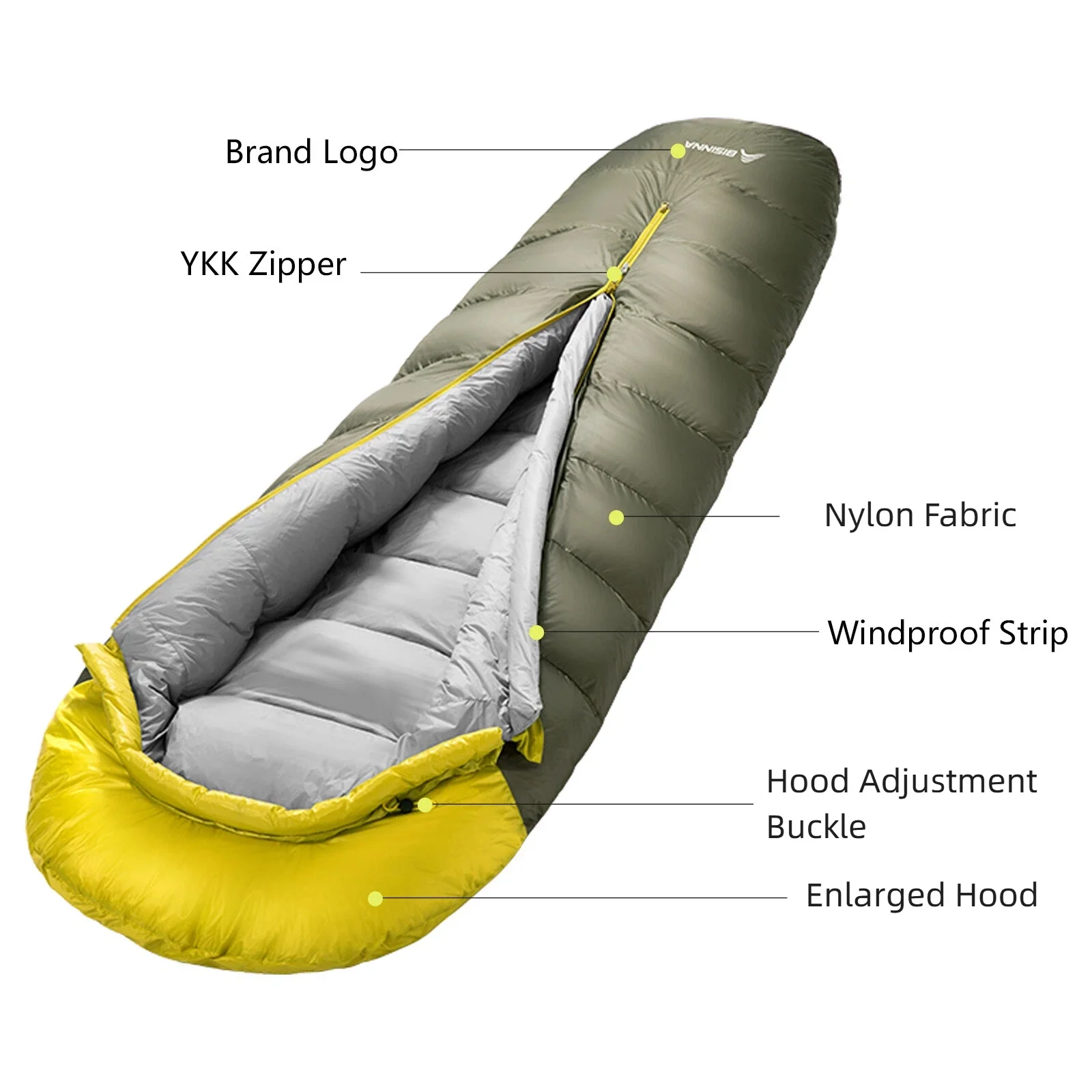 

BISINNA Yunqi Wide Shoulders Mummy Duck Down Sleeping Bag Waterproof Fabric Camping Sleep Bag with Adjustable Hatband Button