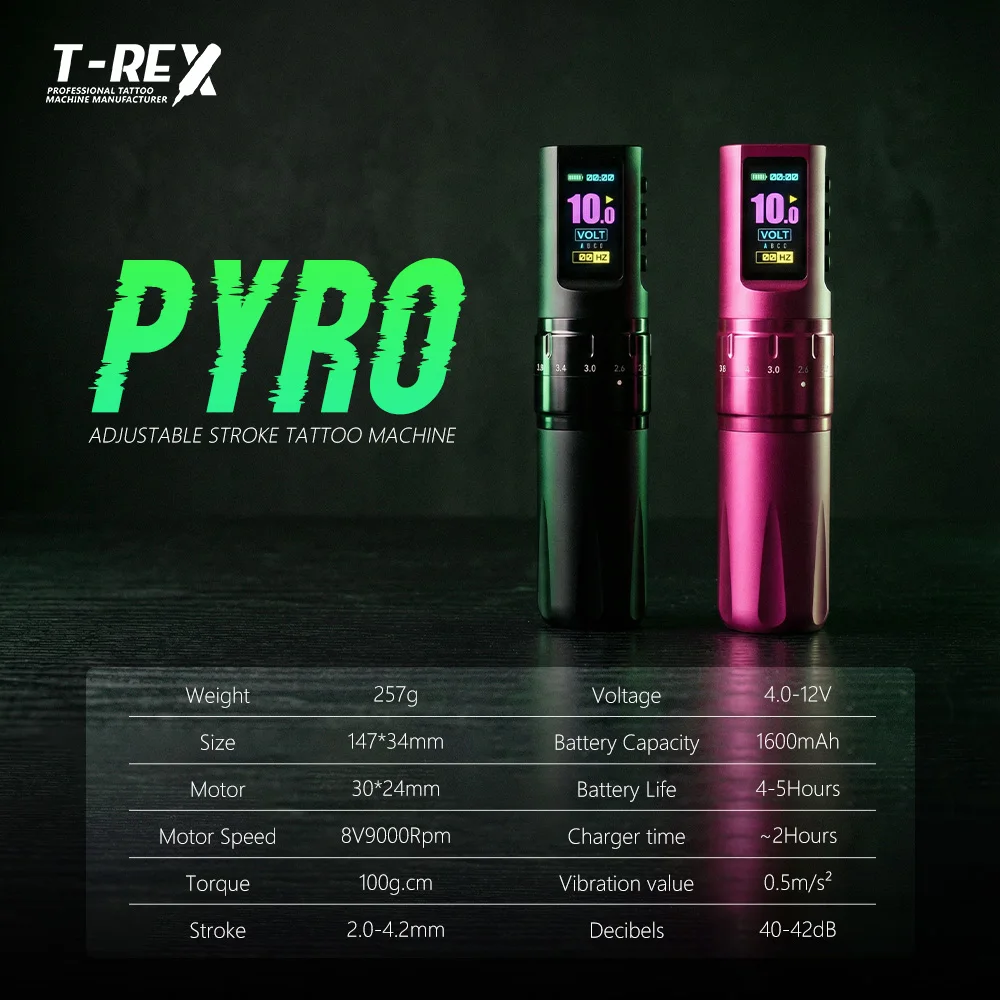 T-Rex PYRO Wireless Tattoo Pen Machine 2.0-4.2mm Adjustable Stroke Silent Low Vibration Dot Mode Rotary Tattoo Machine  for Art