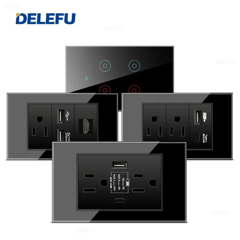 DELEFU Black Tempered Glass American Standard Series 118*74mm USB-C Wall Socket Switch Satellite TV Phone CAT5 CAT6