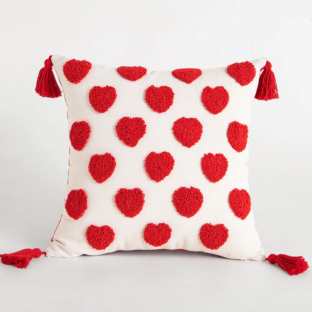 Pure cotton embroidery, love, cute plush tassels, red and white geometric wedding pillowcases, cushions