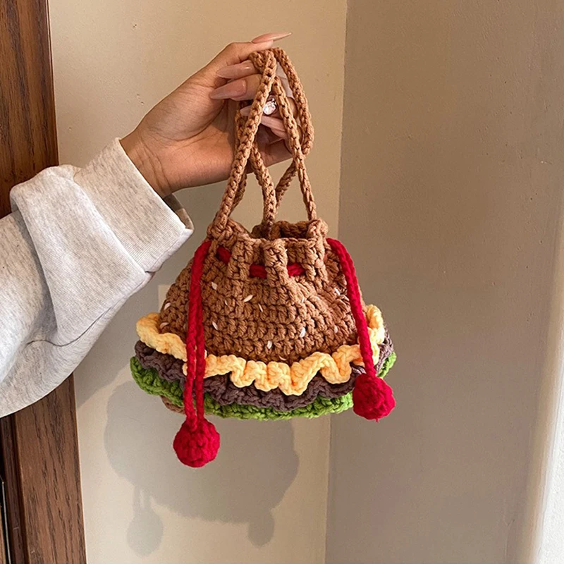 MINISO Handmade Crochet Burger Fries Woolen Bag Cute Bag Shoulder Small Crossbody Bag