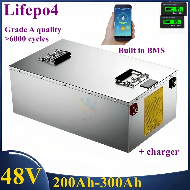 

48v Lifepo4 Battery 200Ah 300Ah for 5KW inverter Solar Photovoltaic System Tricycle，EV,Outdoor,RV +10A charger