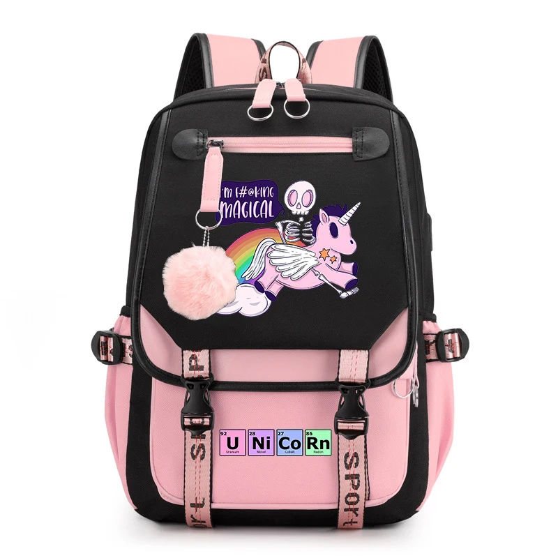 Unicorn Print Backpack para meninas, Campus Student School Bag, USB Travel Bag, Kids Gift