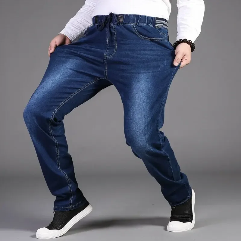 Plus Size L-7XL Men Jeans Spring Autumn Fashion Casual Classic Slim Loose Straight Elastic Waist Drawstring Long Denim Pants