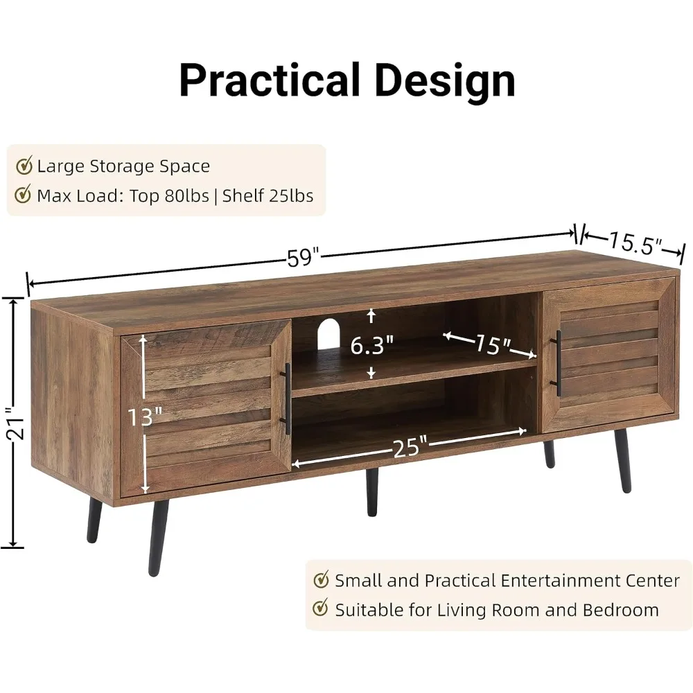 Mid Century Modern TV Stand, 65 Wood Storage Cabinet and Open Shelf for TVs, Entertainment Center
