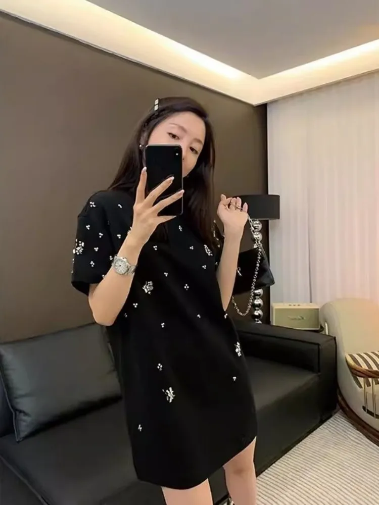 Women Casual Long T-Shirt O-Neck Short Sleeve Diamonds Solid Color Pullover Tees Top Design Loose Fit Fashion Female T-Shirts