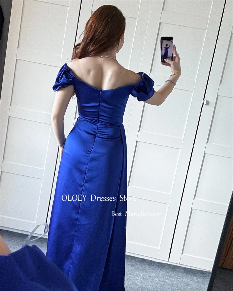 OLOEY Royal Blue Satin Evening Dresses Arabic Women Off Shoulder Satin Pleats Long Prom Gowns Formal Occasion Party Dress