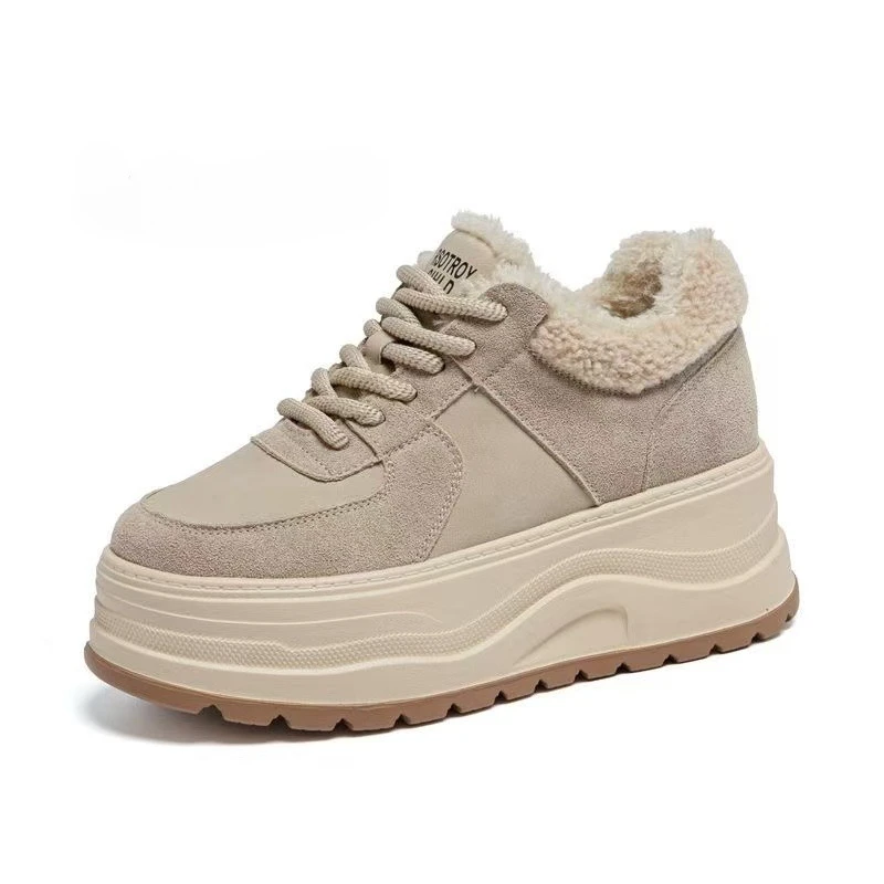 

7CM Brown Natural Genuine Leather Fashion Breathable Casual Women's Shoes Platform Warm Plush Winter Autumn Comfy Ankle Booties