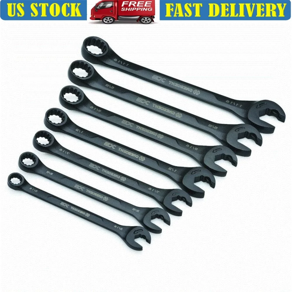 

7-Piece SAE Combination Wrench Set Ratcheting Open-End Static Box-End Laser-Etched Sizes Durable Tool Mechanics Auto Repair