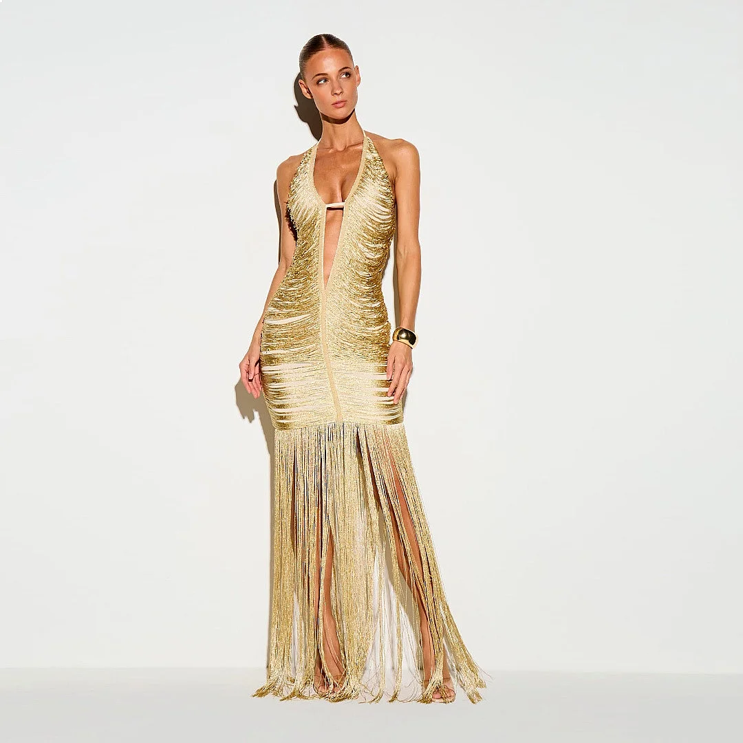 Sexy Halter Deep V Tassel Women Evening Dress, Milk Silk Bodycon Backless Party Maxi Dresses