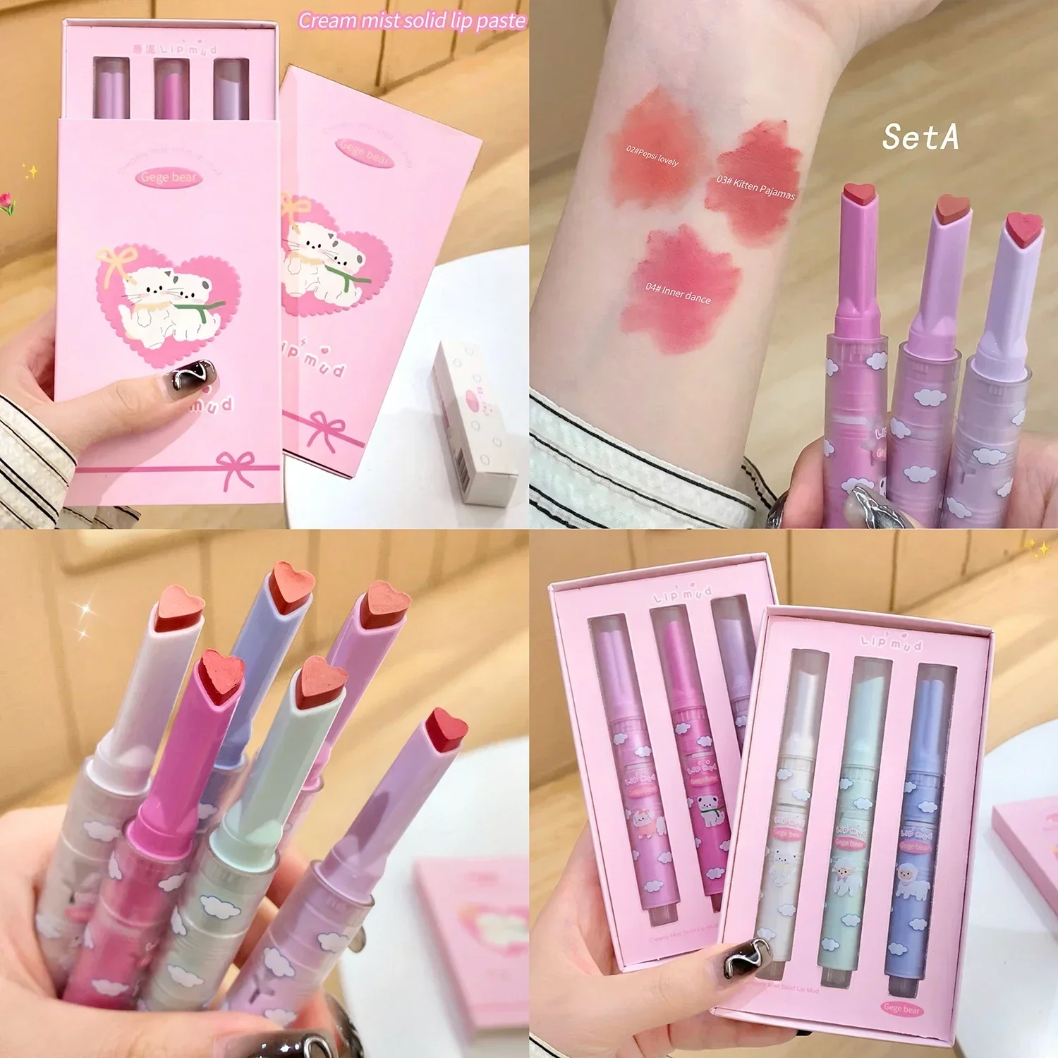 Set di confezioni regalo per rossetto Love Finitura opaca Fango per labbra Impermeabile Tazza antiaderente a lunga durata Trucco carino Penna per tinta labbra Cosmetico