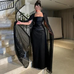Customized A-line Square- Neck Black Bespoke Occasion Dresses Floor-Length Sequined Backless Prom Gowns Pleat Party Dresses