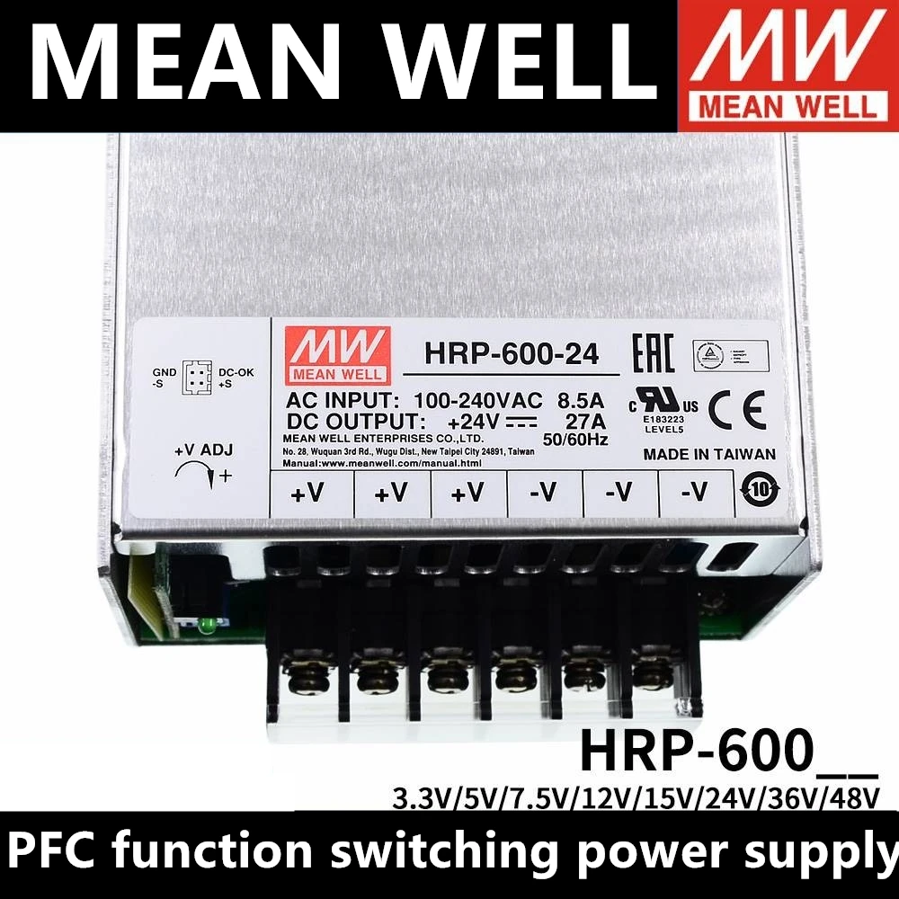 หมายถึงดี HRP-600-3.3 HRP-600-5 HRP-600-7.5 HRP-600-12 HRP-600-15 HRP-600-24 HRP-600-36 HRP-600-48ตัวจ่ายไฟแบบ PFC 24