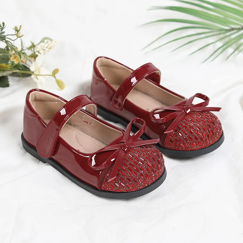 

Autumn New Children's Leather Shoes Fashion Bow Girls' Princess Shoes sequin Baby kid's Performance Crystal Shoes Size 25-36