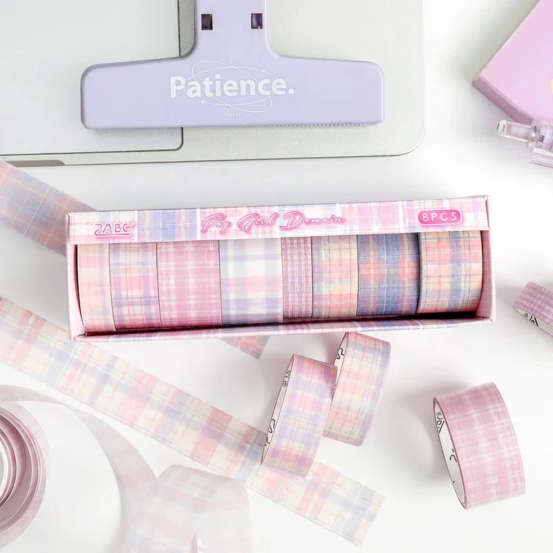 8 Rolls Soft Pastel Grid Washi Tape Set, 3 Assorted Widths 2m Plaid Pattern for Aesthetic Journal Scrapbook DIY Craft Decor