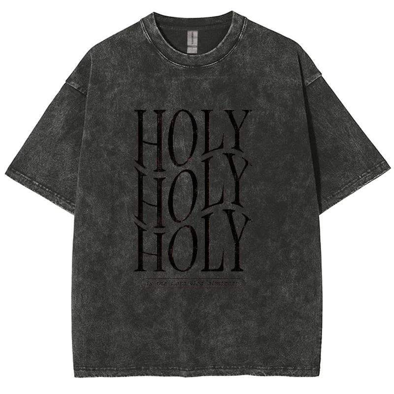 Holy Monogram Print Women's Washed Denim T-Shirt Oversized Loose Mid Sleeve Casual Minimalist Top Pure Cotton Comfortable Tee