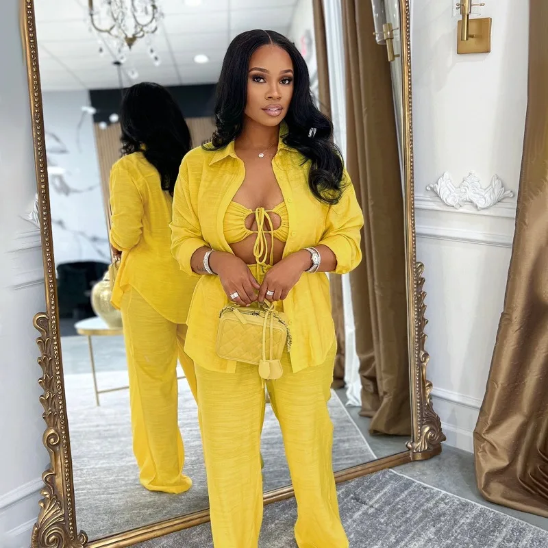 

Women Solid 3 Piece Set Fashion Sexy Hollow Out Lace Up Strapless Bra + Long Sleeve Shirts Cardigans Top + Wide Leg Pants Suits