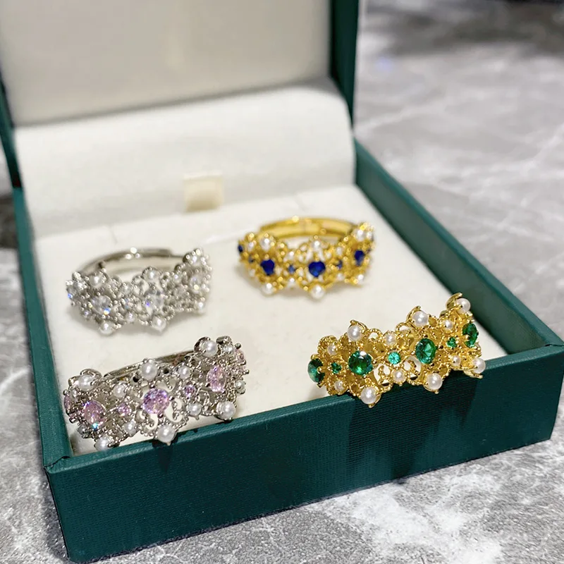 

MDLFES Moissanite style Medieval green spinel ring gold plated court lace green zirconia pearl set open ring