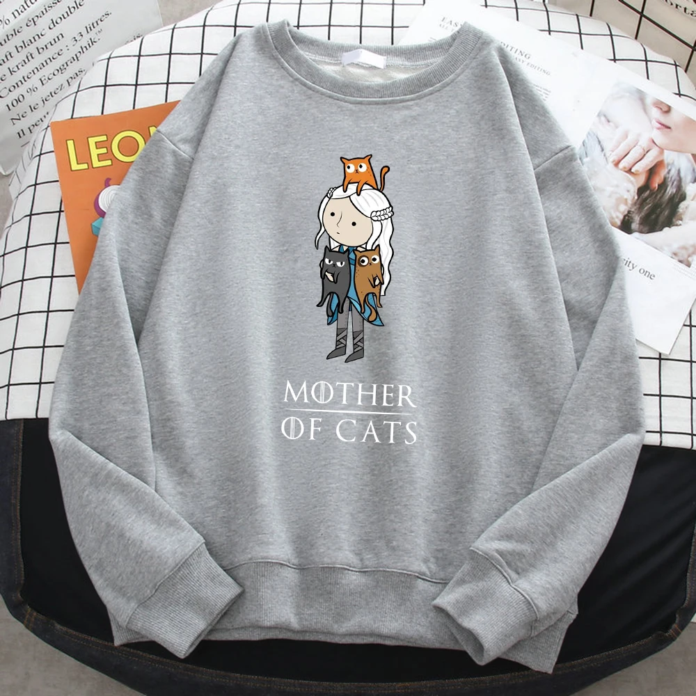 Winter Fashion Pullover For Women Cartoons Mother Of Cats Print Hoody Warm Crewneck Sweatshirt Loose Fleece Female Streetwear