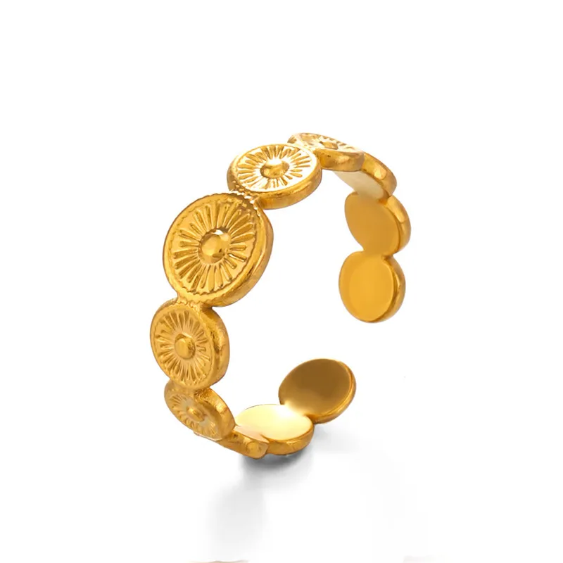 Vintage Golden Coin Open Ring for Women Retro Stainless Steel Embossed Geometric Finger Rings Unique Jewelry Anillos Mujer 2026