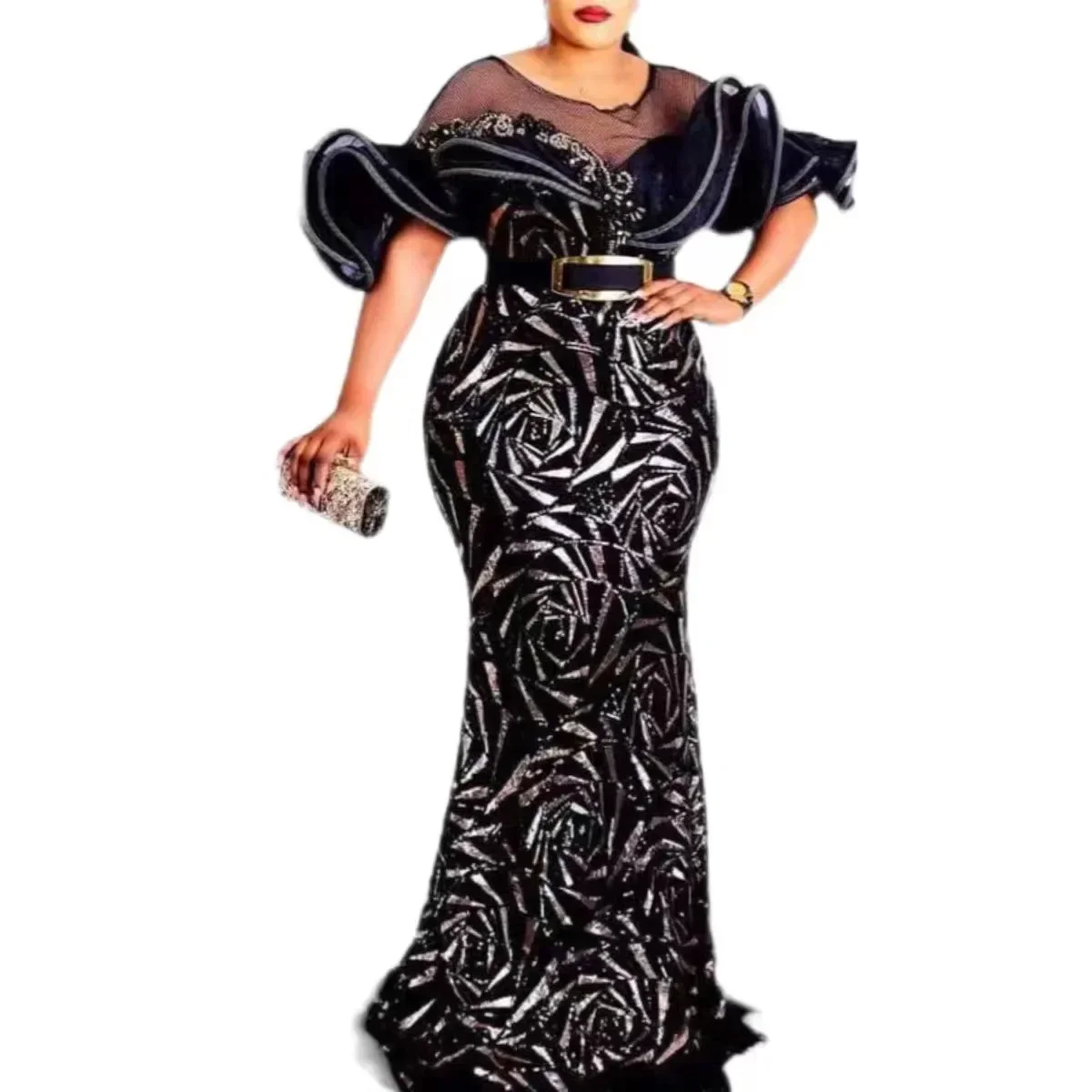 2023 Spring Summer Elegant African Women Short Sleeve Sequined Wedding Party Long Dress African Dresses for Women Maxi Dress