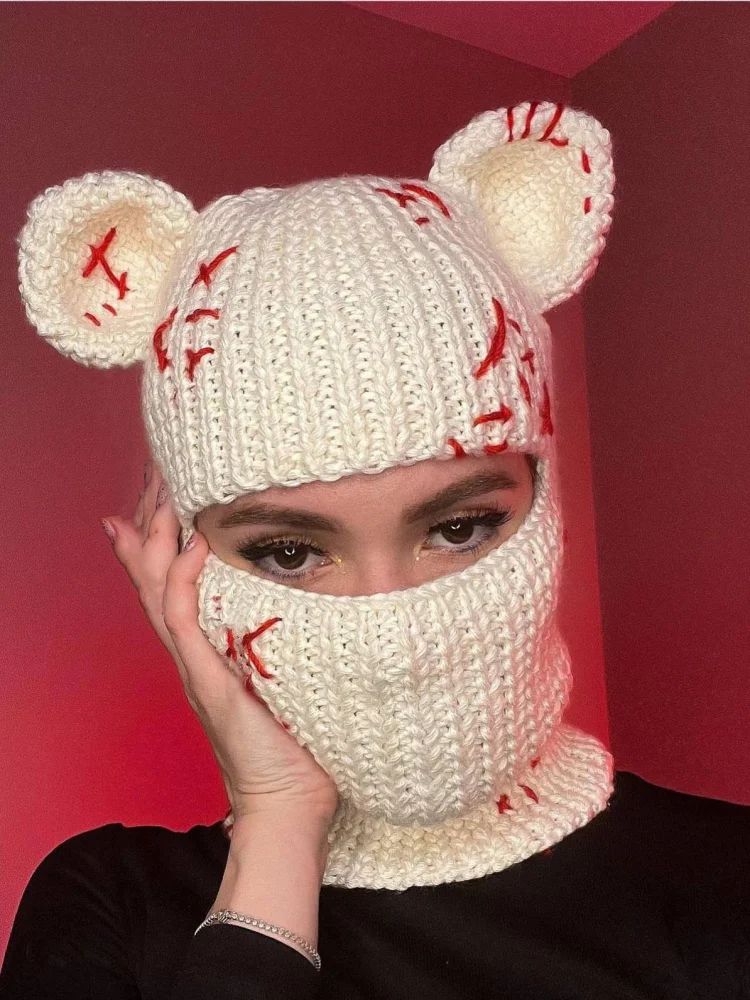 Cute Full Face 모자 Cover Ski Mask Hat with Bear Ear Balaclava Knitted Hats Windproof Skullies Beanies Winter Warm Unisex Caps