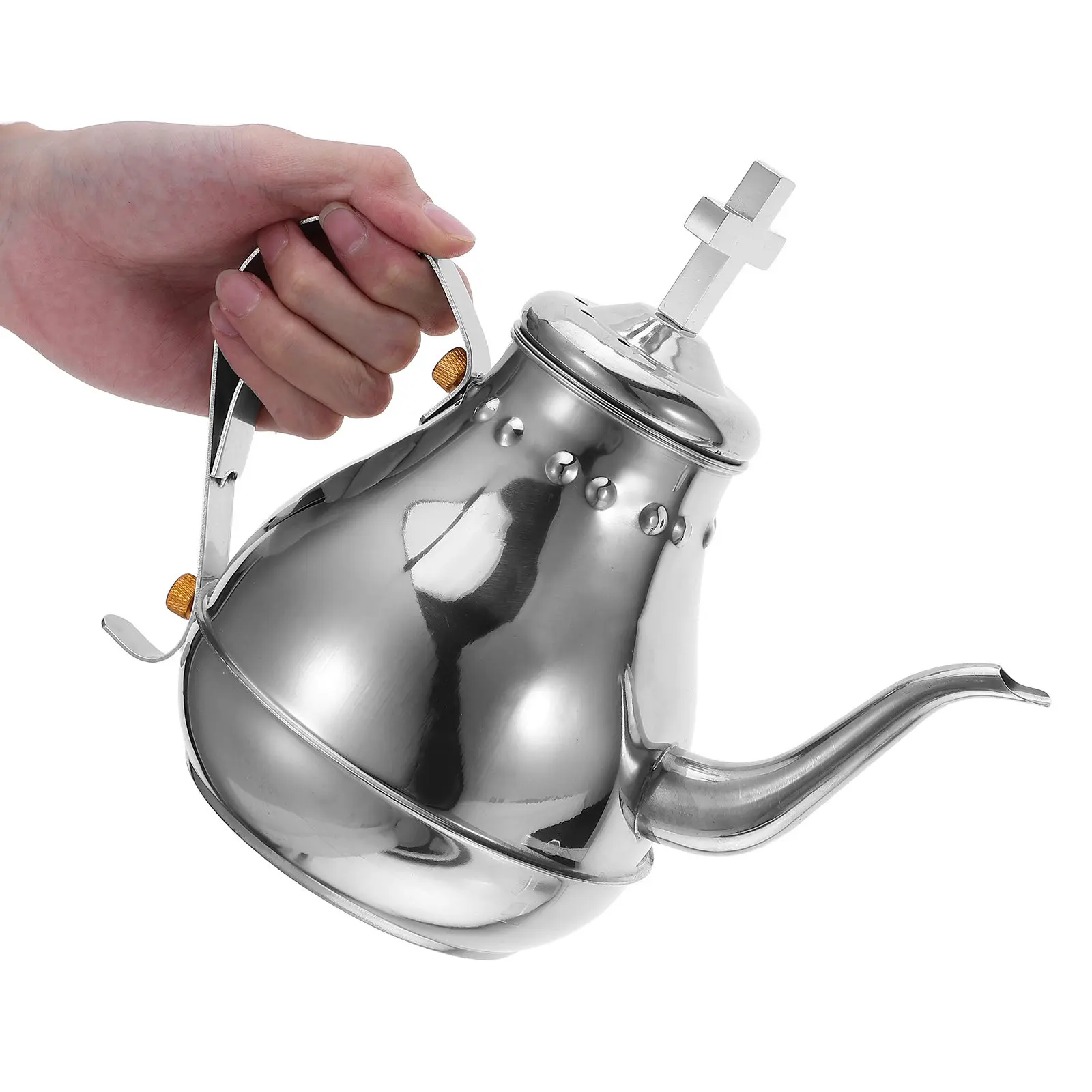 Stainless Steel Silver Communion Pot Vintage Design Portable Ergonomic Handle Religious Ceremony Kettle Teapot with Infuser