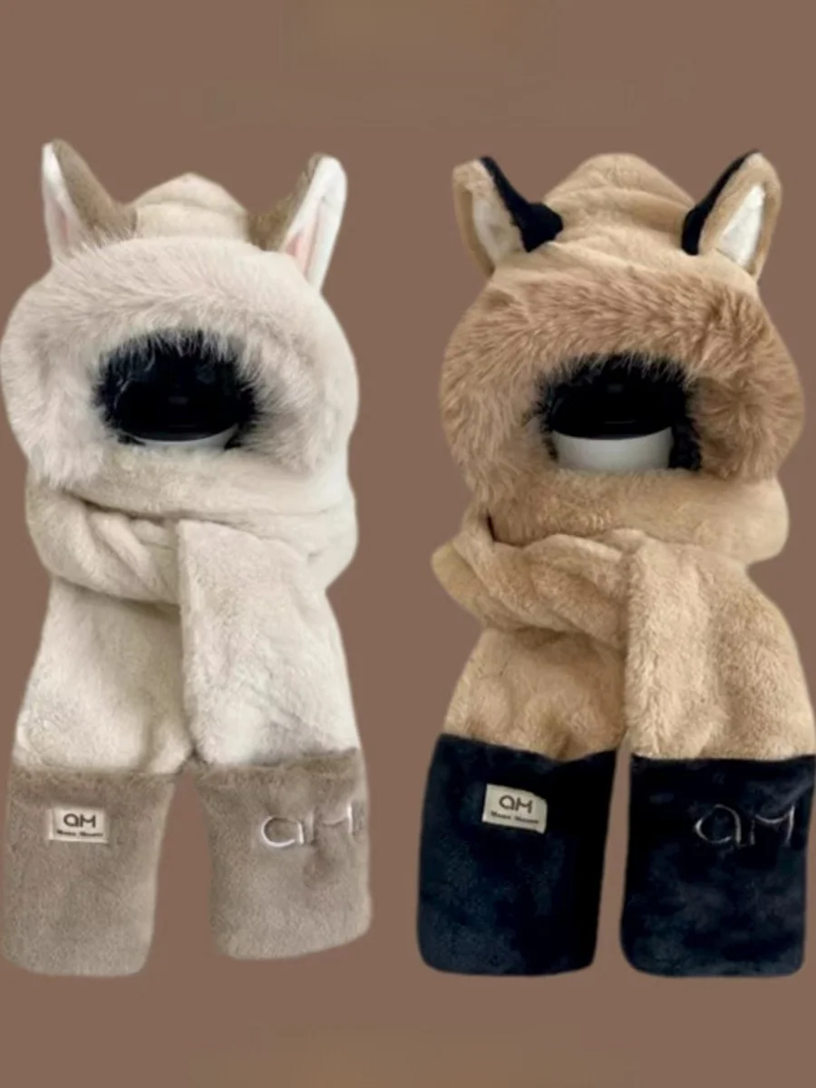 Thickened Three-in-One Skiing Hat Scarf Gloves Set  Ear Design Warm Fluffy Integrated Design Fleece Neck Warmer