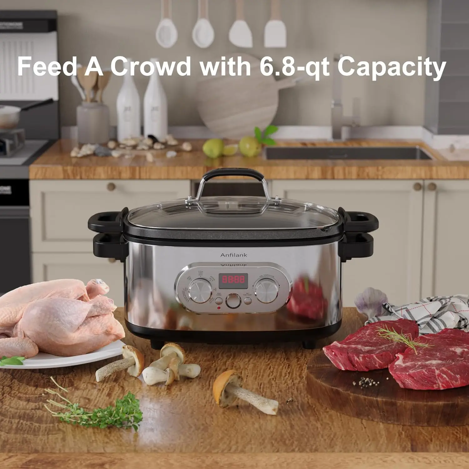 Cooker with Timer, 6.8 Quart Crock Pot, Presets to Sous Vide, Bake, Sauté, Cook Rice& More, Nonstick Dishwasher-Safe Pot, Adjust