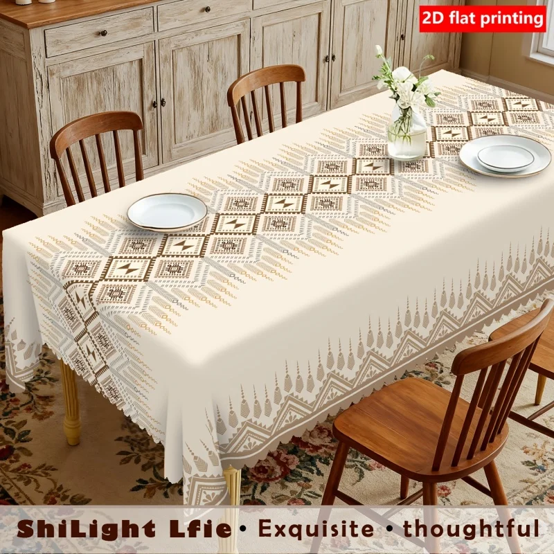1pcs One Bohemian-style tablecloth, with a beige base featuring geometric patterns and a wavy edge design.