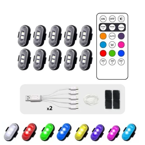 Lumière stroboscopique LED à distance sans fil pour voiture, moto, vélo, lampe décorative d'avertissement, indicateur d'avion Rechargeable par USB, 8 couleurs, lumières de voiture