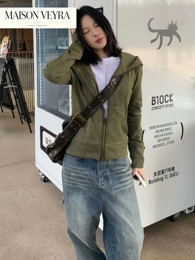 Streetwear Vintage Green Harajuku Hoodies Women Preppy Style Loose Casual Hoody Y2k Aesthetic Grunge Zipper Sweatshirt Tops