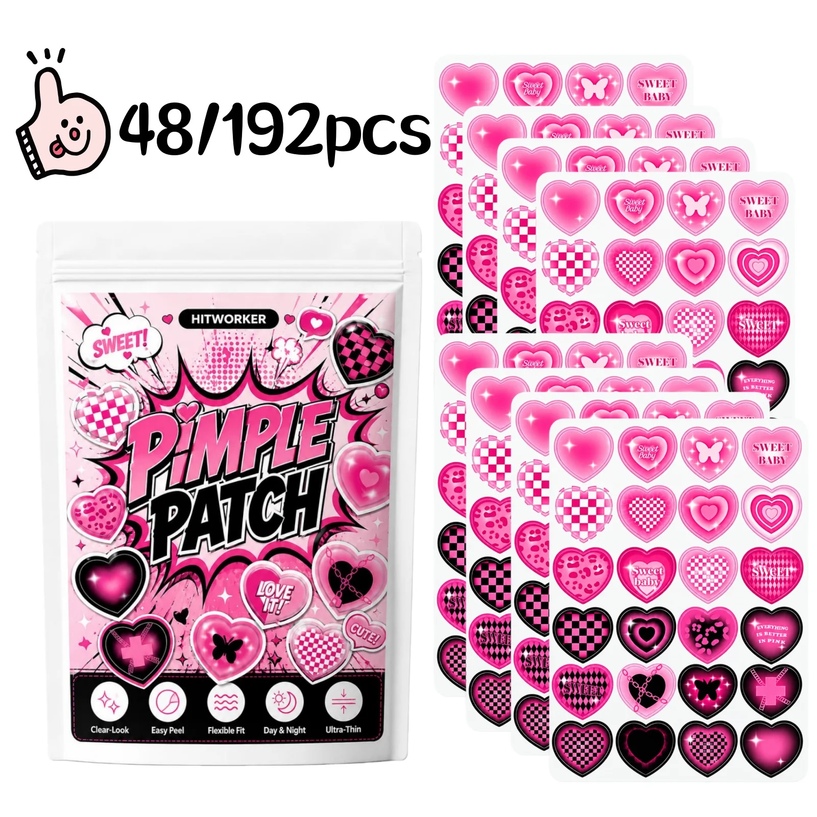 48/192Pcs Heart-Shaped Face Patches, Cute Heart Skin Care Stickers, Comfortable Fit, Easy Peel Design for Daily Beauty Routine