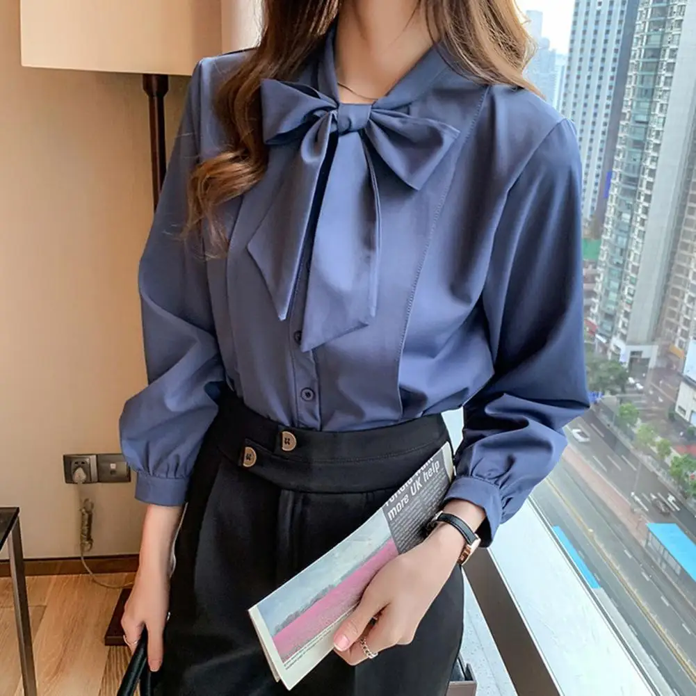 Fashion Bow Collar Long Sleeve Shirts Women Solid Vintage Classic Formal Business Chiffon Workwear Mujer New