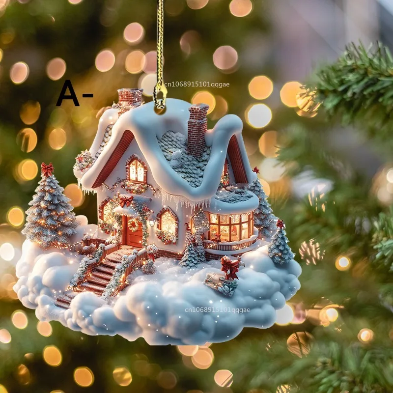 2D Christmas Acrylic Ornaments Castle Snow House Hanging Pendant Xmas Decoration for Home Christmas Party New Year 2025Gift