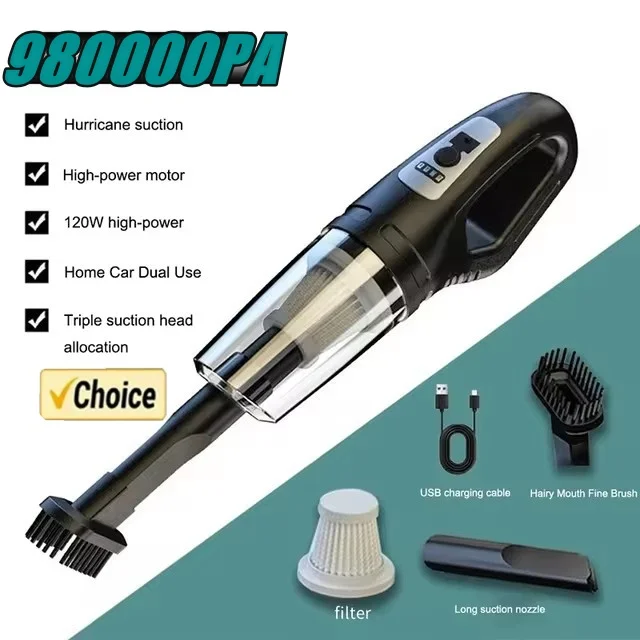 LED Portable Car Vacuum Cleaner USB Charging Handheld Cordless Vacuum Cleaner 120W Powerful Suction for Car Home Office Pet Hair