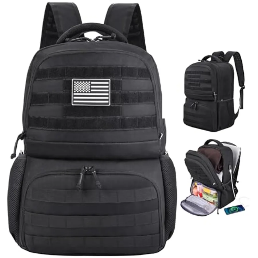 

Рюкзак для ноутбука и обедов для мужчин, тактический, многофункциональный, с защитой от краж, рабочая сумка с охлаждающим отделением для ланч-бокса, черный, 17 дюймов